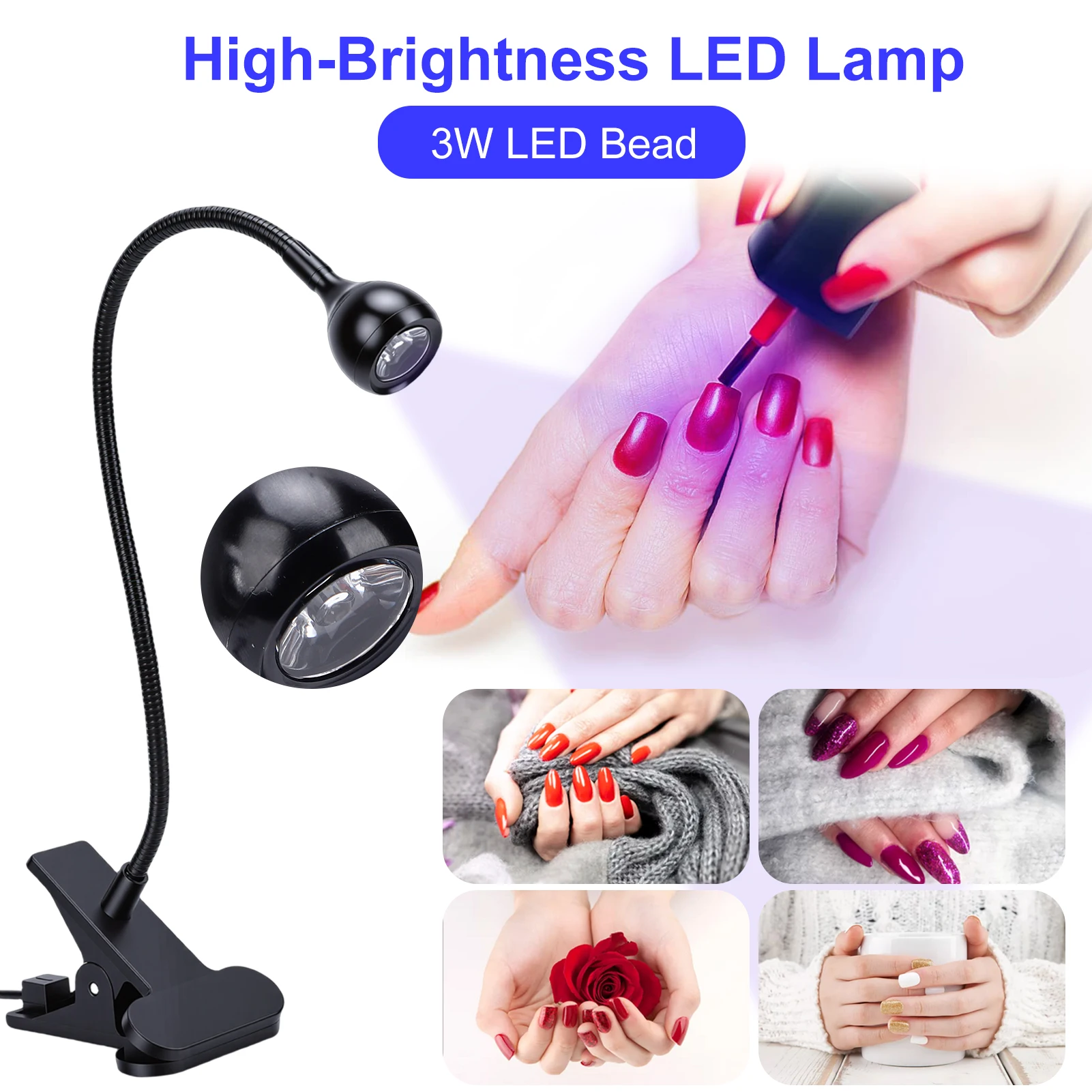 

3-Pack Nail Lamp with Clip-On Base, Adjustable Gooseneck Nail Dryer, One-Button Switch, USB-Powered LED Gel Polish Curing Light