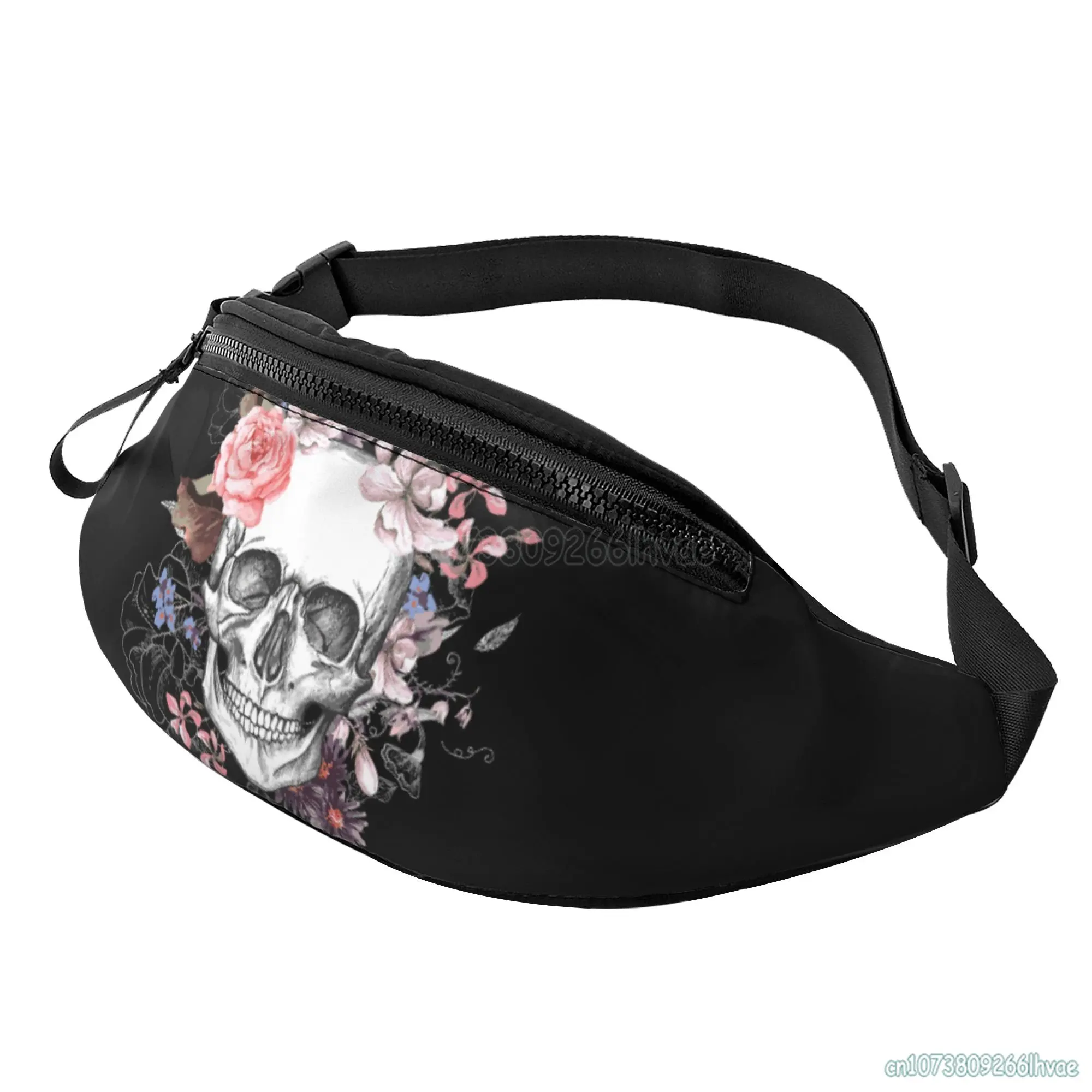 Vintage Grunge Gothic Skull Roses Floral Large Fanny Pack Belt Bag with Pockets for Running Hiking Travel Sport Waist Pack Bag