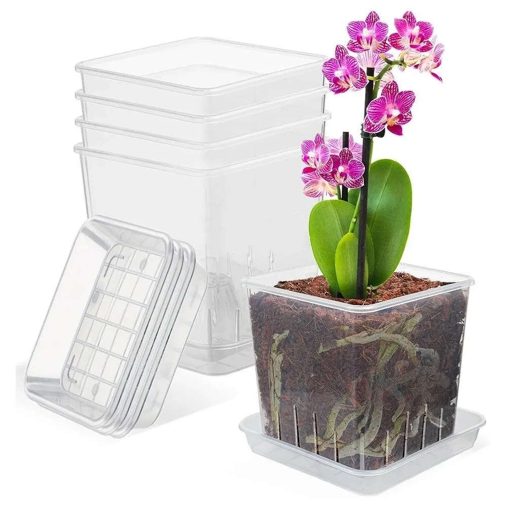 Square Clear Flower Pots with Trays Root Control Pot Breathable Seedling Cups Ventilated Drainage Holes Prevent Root Rot