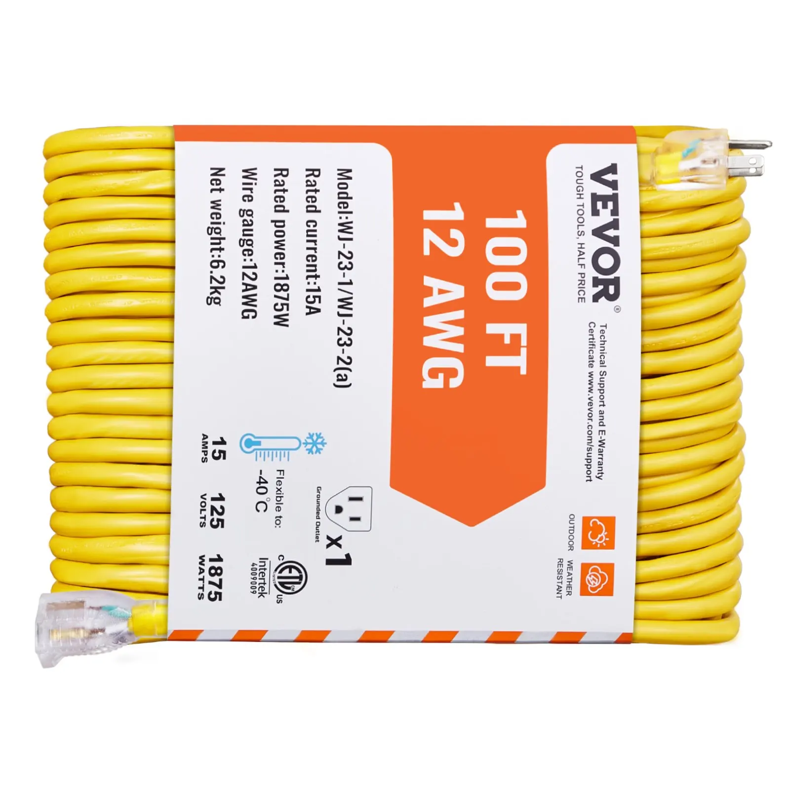 

Удлинитель для тяжелых условий эксплуатации, 30,5 м, 12AWG, 15 А, 1875 Вт, 3-контактный, с подсветкой на концах
