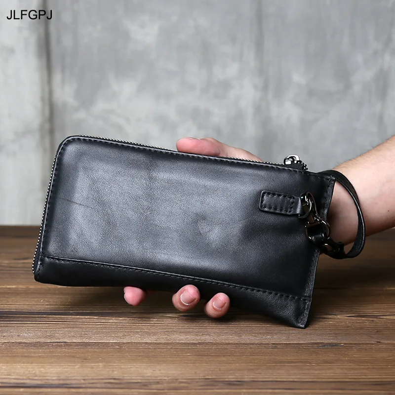 

Wallet Men's Long Genuine Leather Multi Card Mobile Phone Cover Layer Cowhide Zipper With Wrist Strap Classic Simple Clutch Bag