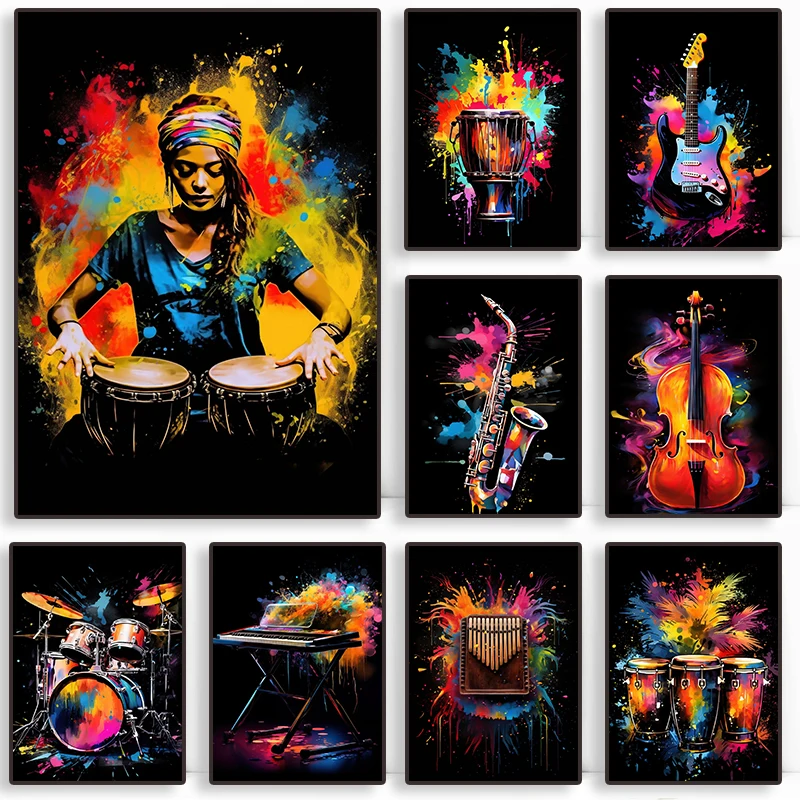 Musical Instrument Poster Violin African Drum Bagpipe Electric Guitar Piano Poster Canvas Painting Wall Art Picture Home Decor