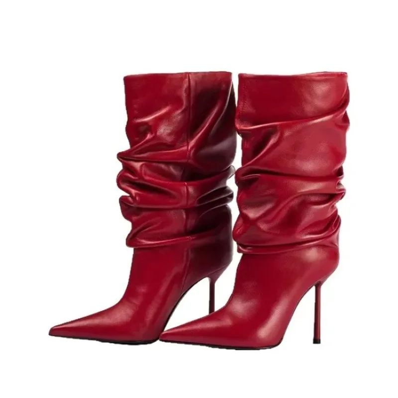 

Новые черные, красные плиссированные элегантные ботинки до середины икры, европейско-американские модные женские сапоги на высоком каблуке для путешествий и отдыха, размер 35-43