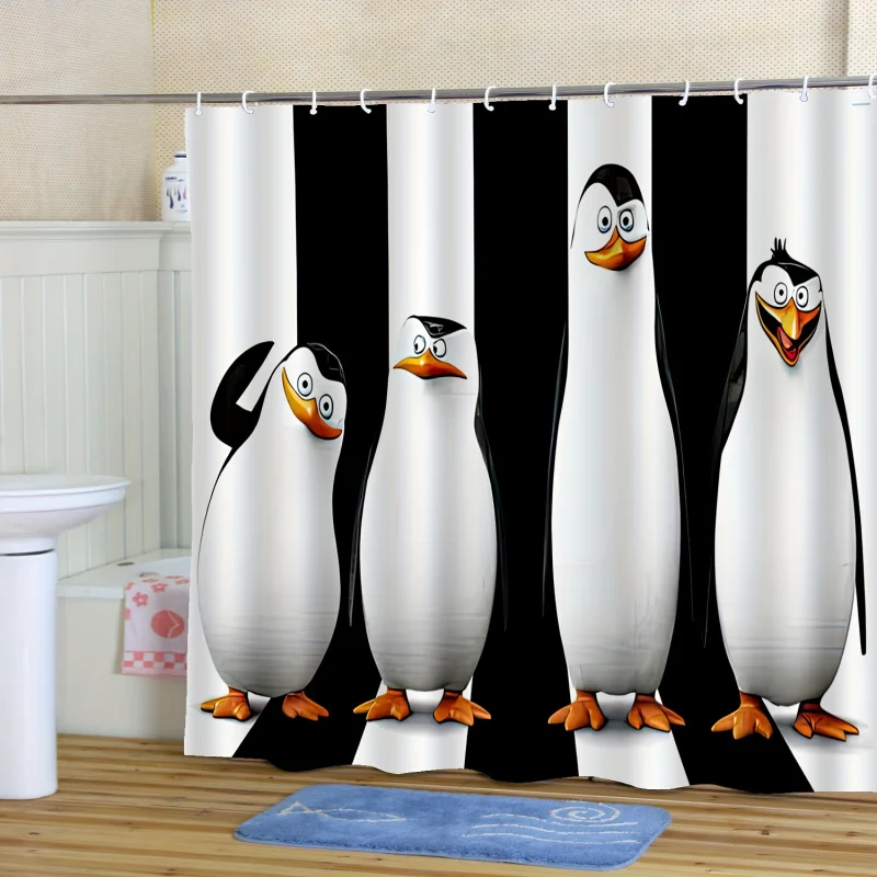 Cortina de ducha de hermanos pingüinos de dibujos animados, impresión digital en blanco y negro, lavable a máquina, decoración de baño, 1 ud.