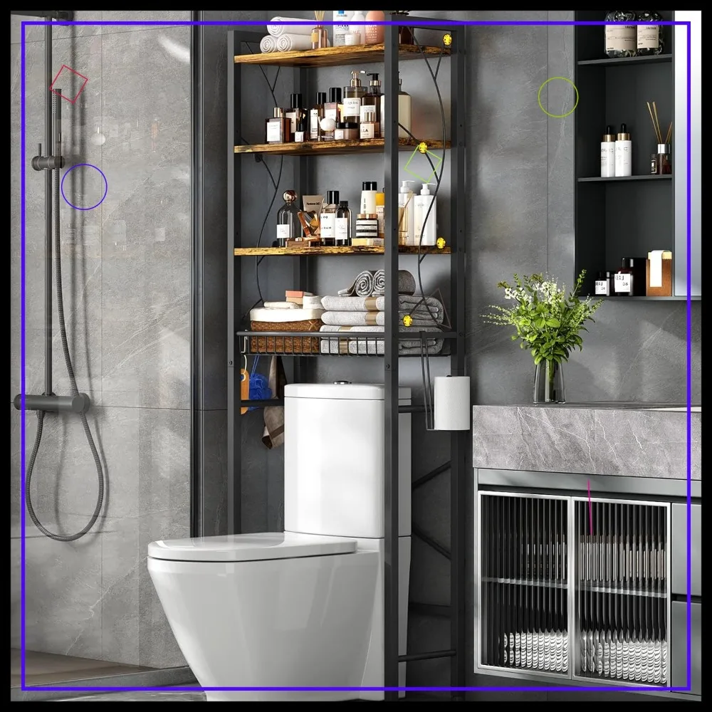 

4-ярусная полка-органайзер над унитазом с регулируемыми полками и корзинами, отдельно стоящий органайзер для ванной комнаты в деревенском стиле, коричневый