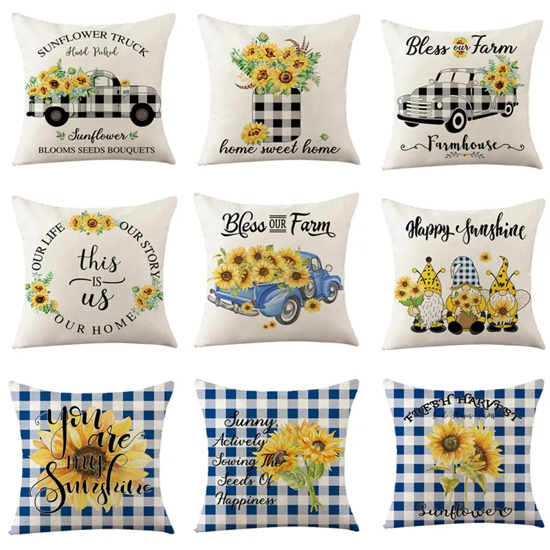 

45x45cm Plaid Bee Sunflower Pillowcase Spring Decor Cushion Cover Home Living Room Sofa Decoration