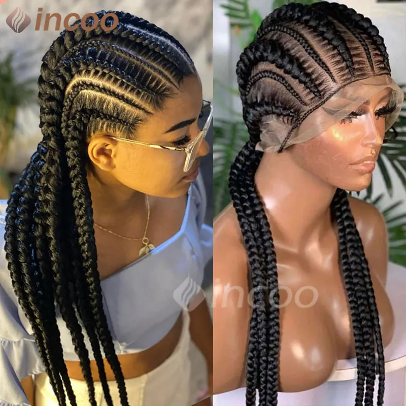 36 Inches Cornrows Braided Wigs Synthetic Full Lace Wig For Black Women Jumbo Braided Wigs Lace Frontal Faux Locs Box Braids Wig