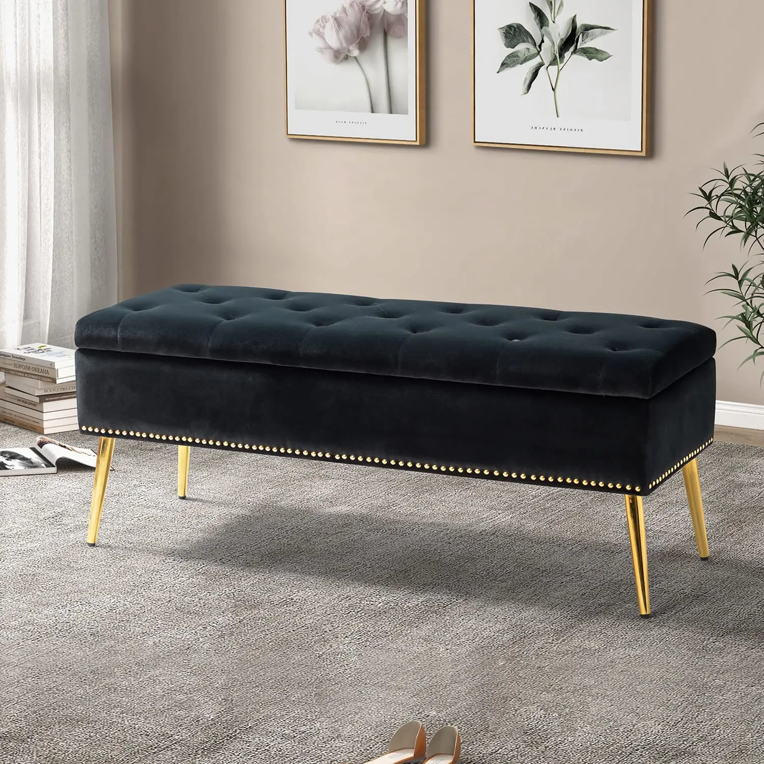 Velvet Storage Ottoman Bench Gold Base Nailhead Trim Upholstered Bedroom End Bed Button-Tufted Footstool Entryway Living Room Bl