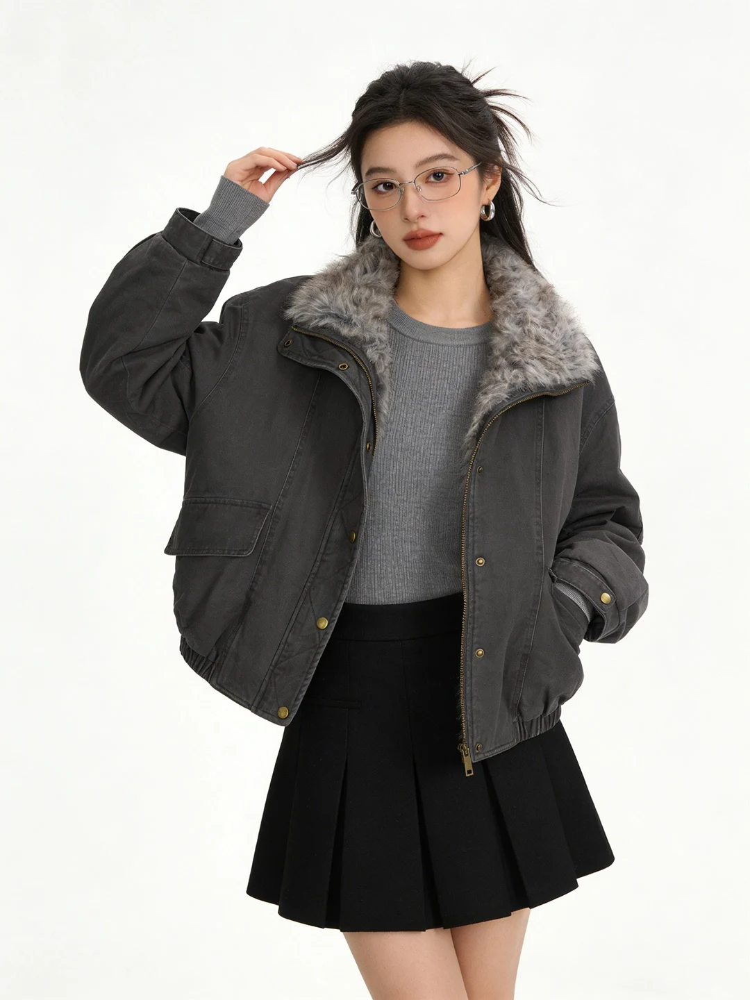 

Eco-Friendly Fur Collar Denim Jaet ort Casual Korean Sle Women's Coat Warmth Padded Zipper Closure Color