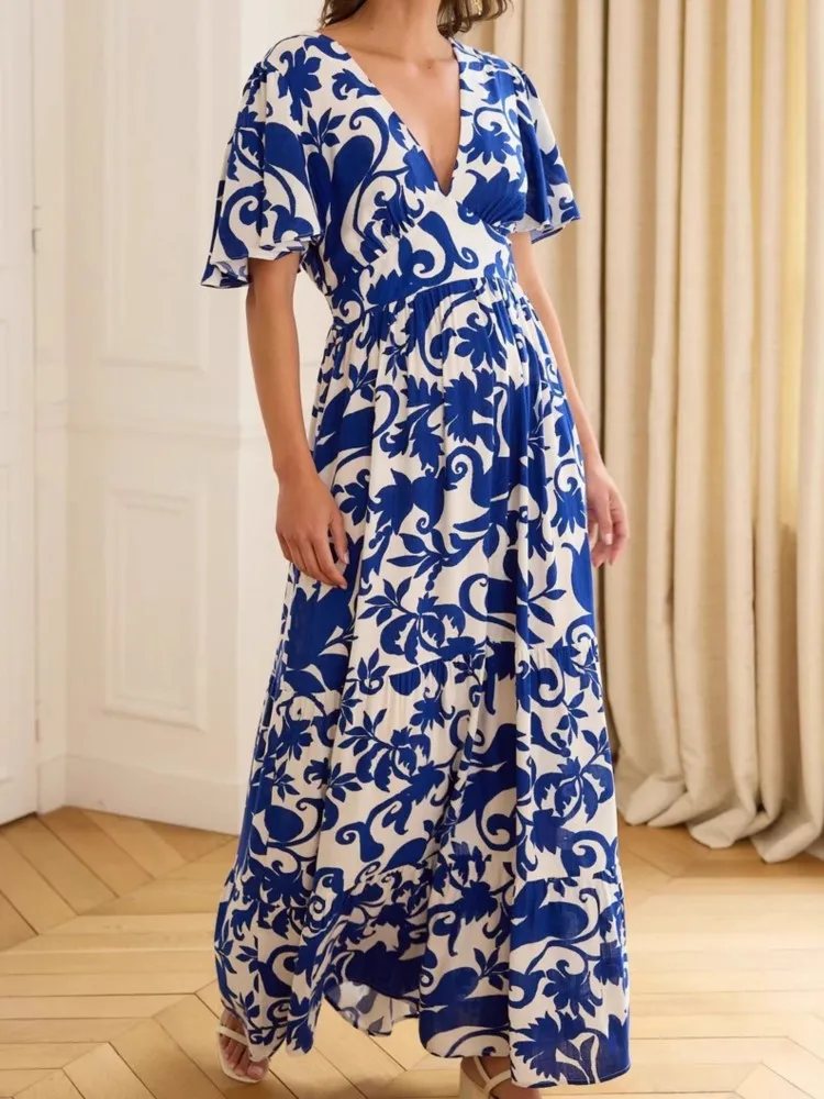 

Summer Floral Print Dress Lady Fashion Sexy Deep V Neck Backless Short Sleeve Loose Dresses For Women Holiday Womens Clothing