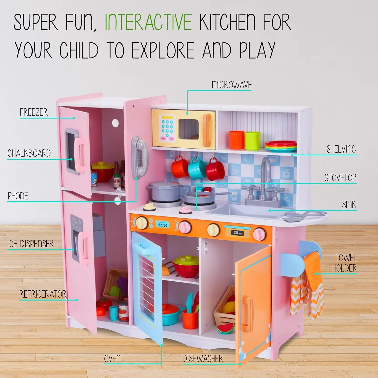 Set da cucina per bambini, finta cucina da gioco in legno con lavagna, telefono da gioco, portasciugamani e distributore di ghiaccio, manopole a scatto, pentole e U