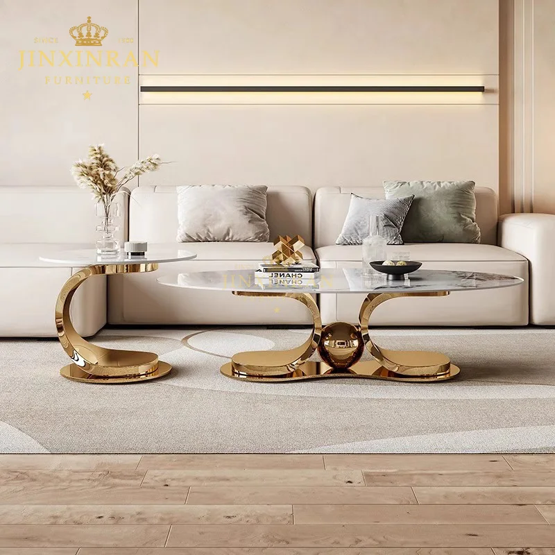 

Nordic Italian Coffee Table Luxury Golden Stainless Steel Leg Modern Living Room Oval White Sintered Stone Coffee Table