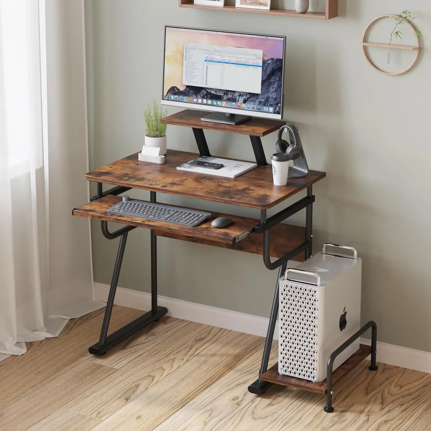 

Gaming/Computer Desk, Home Office Small Desk with Monitor Stand, Rustic Writing Desk, Dismountable