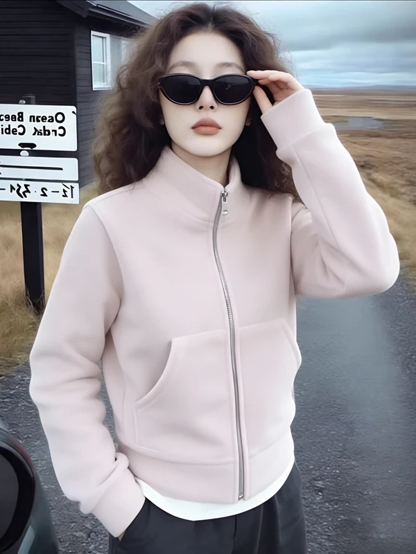 

plus Size Women's Pink Fleece Lined Sweatshirt Jacket Double Zipper Stand Collar Loose Fit Anti-Aging Spring Outerwear