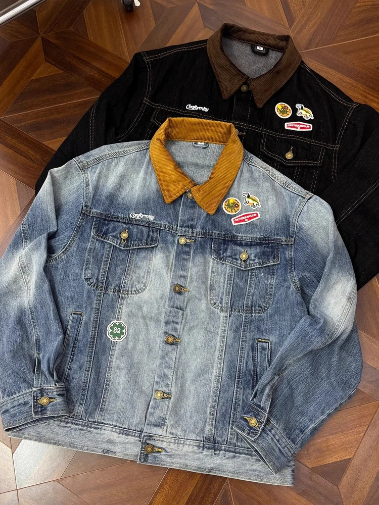 

Ретро-куртка в американском стиле с вельветовым воротником и вставками из джинсовой ткани, свободного кроя, в стиле рабочей одежды Детройта, для пар, из полиэфирного волокна