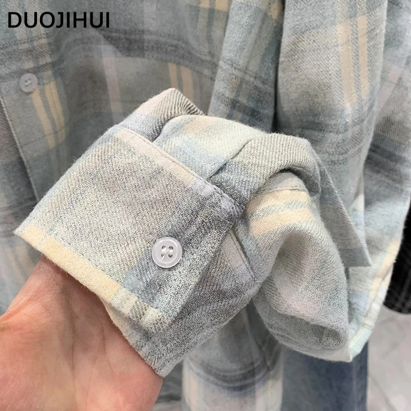 DUOJIHUI American Vintage Chicly Polo Neck Simple Women Shirt Autumn Classic Plaid Fashion Spell Color Loose Casual Female Shirt