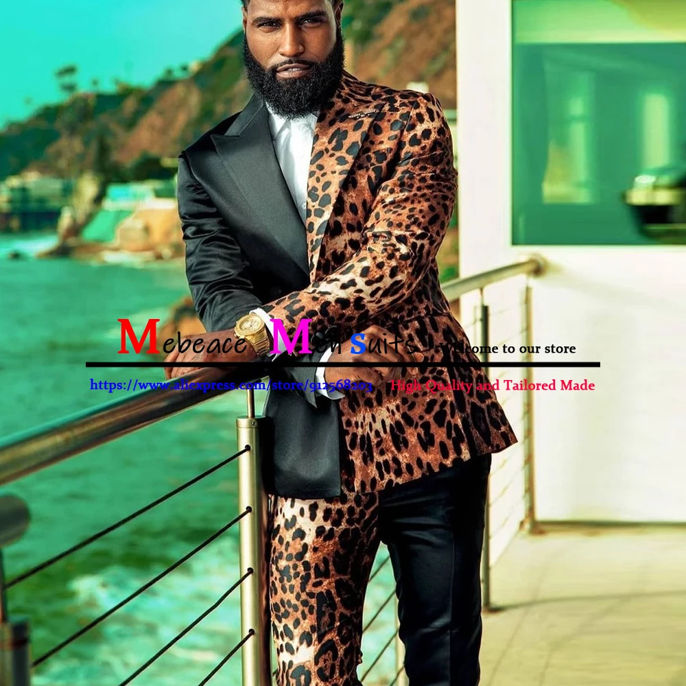 Popular Black Man Daily Casual Men Suit Set 2 Piece Leopard Jacket with Pant Groom Customized Wedding Party Dress Smoking Hombre