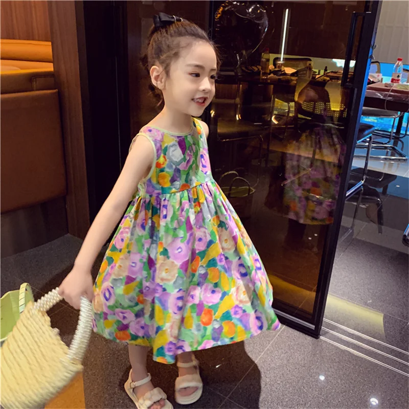 Kids Summer Dress Girls Floral Sweet Dresses Children Bow Princess Frock New Sleeveless Casual Skirt 3-8 Years Old