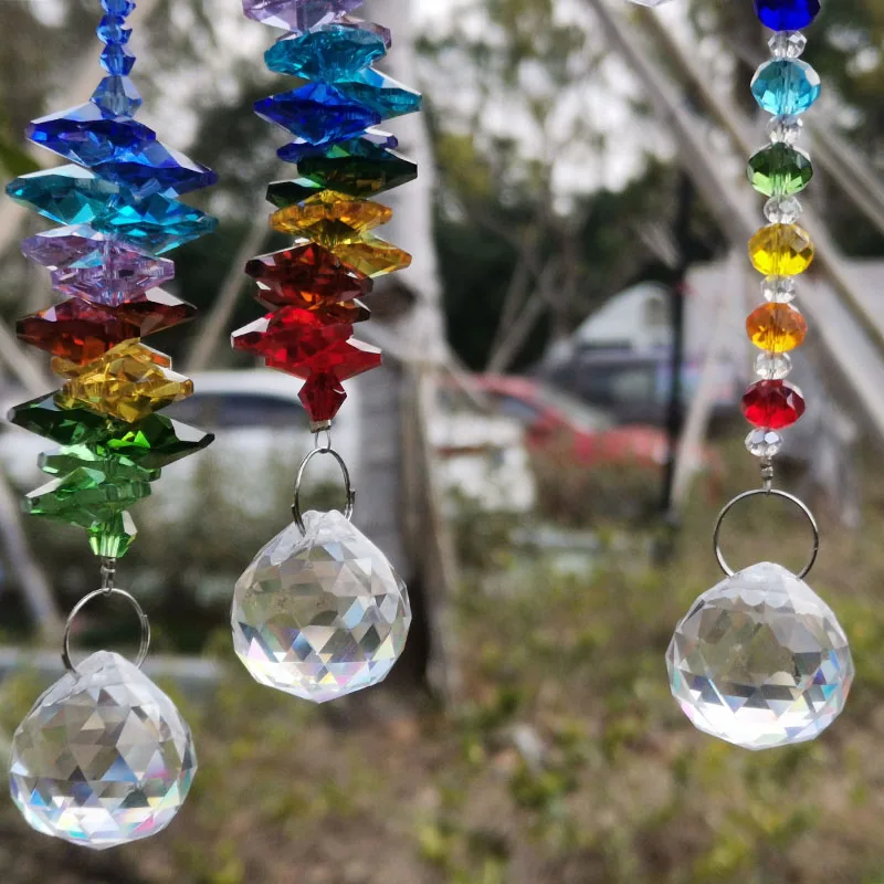 Handmade Rainbow Crystal Beads Chakras Garland Suncatcher Faceted Ball Prism Pendant Chandelier Part Hanging Decoration Crystals