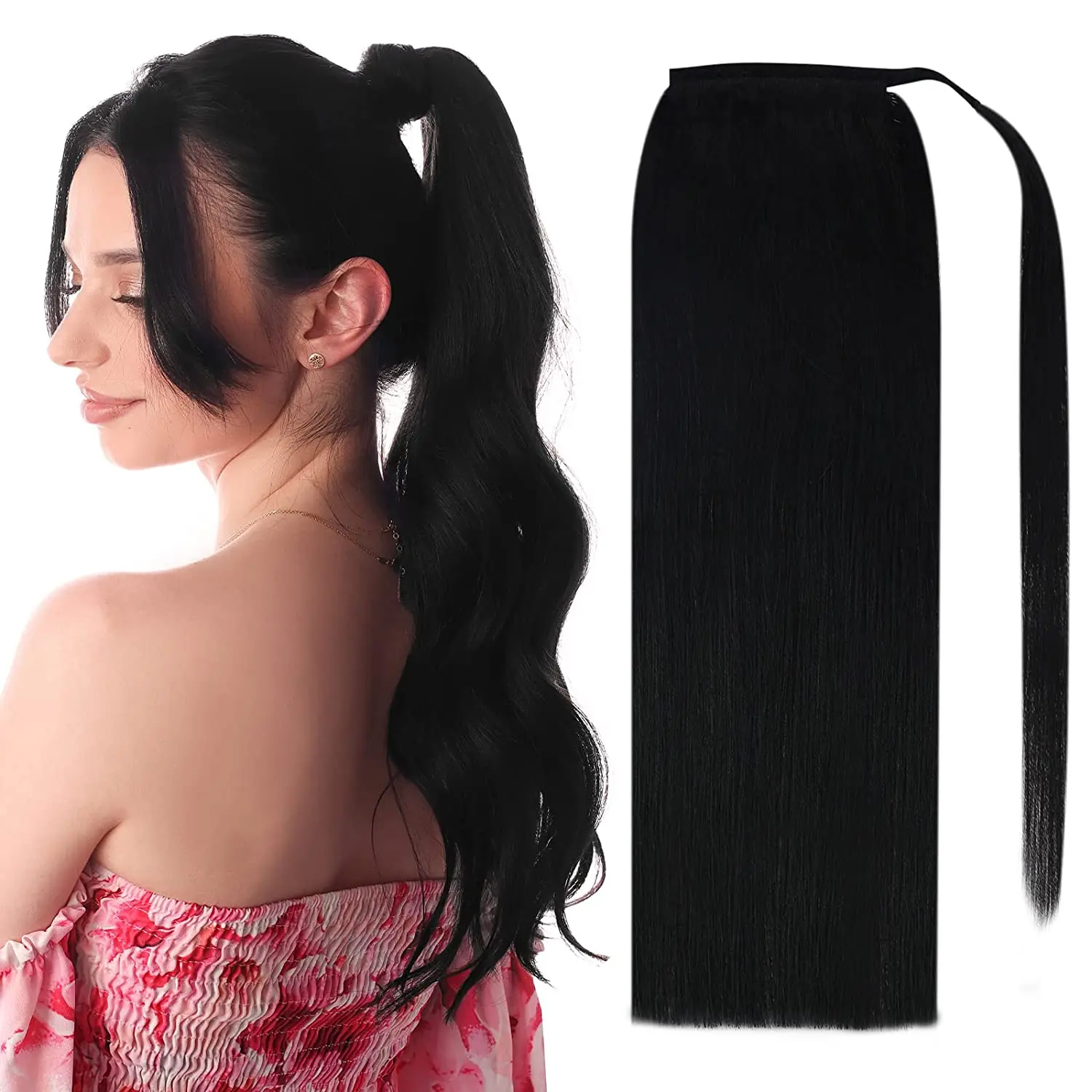 Full Shine Ponytail Human Hair Straight Wrap Around Ponytail Clip Balayage Color Ponytail Extensions 70Grams No Claw Clip