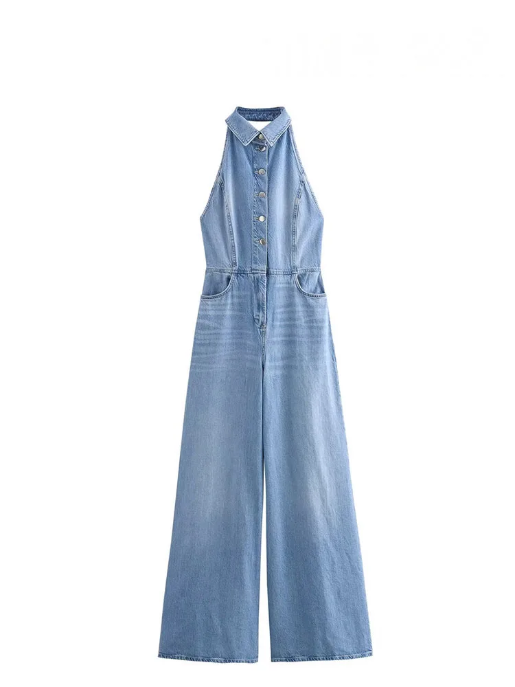 ​​HH Women Fashion Jumpsuit Denim Blue Sleeveless Backless Pockets Single Breasted Female Summer High Street Jumpsuits
