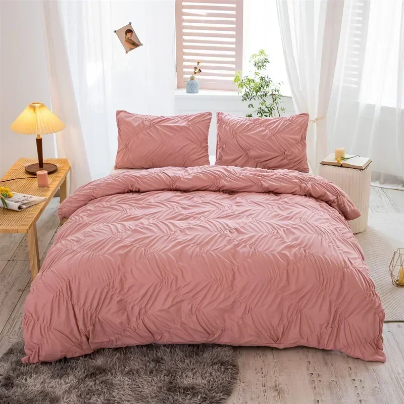 MWSWL Duvet Cover Set 3 Piece Bedding Set Wave Pleated Embroidery Plain Color Housse De Couette Include Pillowcases No Comforter