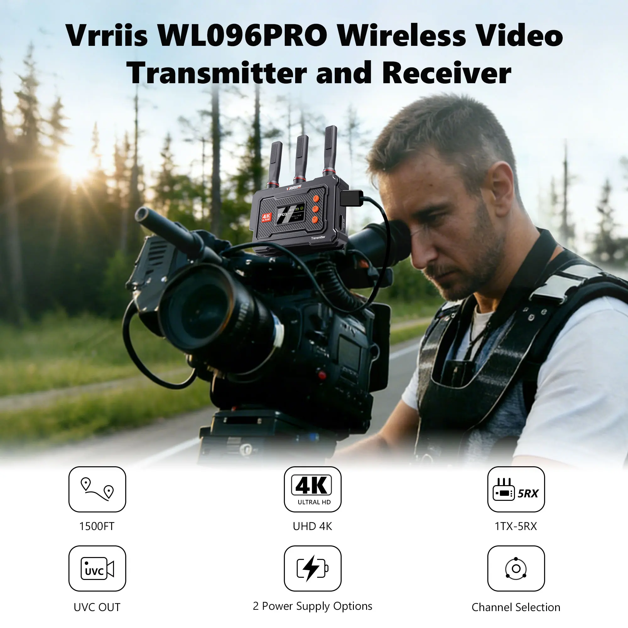 VRRIIS WL096PRO 5G 4K Wireless Audio Video Transmission System 1500Ft 450M UVC HDMI Extender for Camera Laptop PC To TV Monitor