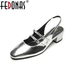 FEDONAS Women Genuine Leather Pumps Slingbacks Thick High Heeled Office Shoes Woman Elegant Party Shoes Silver Black Sandals