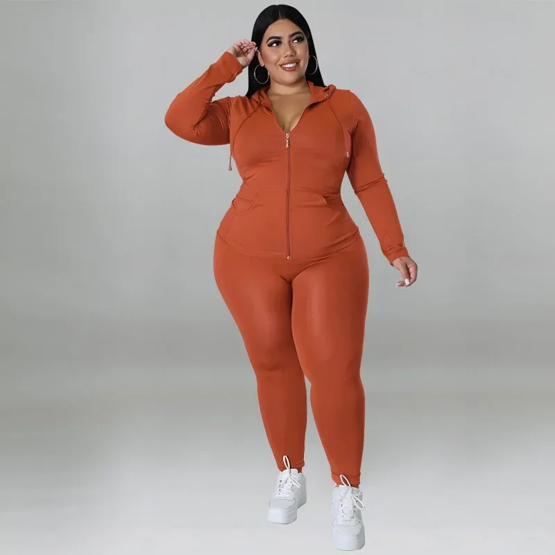 MY998- Novo plus size mm feminino cor sólida outono com capuz calças de manga comprida conjunto casual da moda, roupas femininas plus size