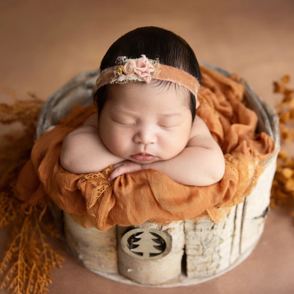 Newborn Photography Props Soft Stretch Wrap Wool Blanket Autumn Maple Leaves Theme Studio Shooting Infant Knitted Cap Wraps