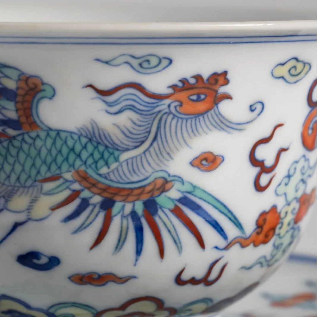 Jingdezhen Doucai Dragon and Phoenix Chengxiang three talents cover the bowl, painted apricot flower non-genetic inheritor 5