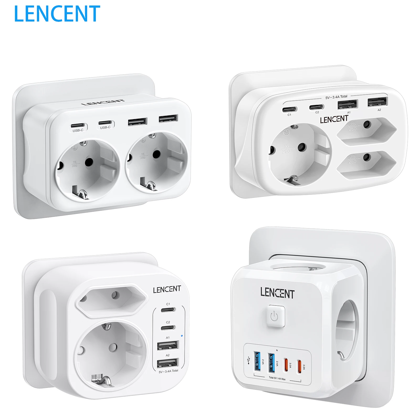 LENCENT EU Plug Power Strip Adapter Multi Wall Socket Extender with 2AC Outlets 2 USB Ports 2 Type C for Home/Office