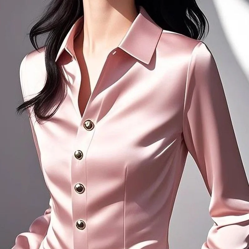 

Spring Summer Fashion All-match Solid Color Turn-down Collar Long Sleeve Satin Blouse Women's Simplicity Shirts XQ56