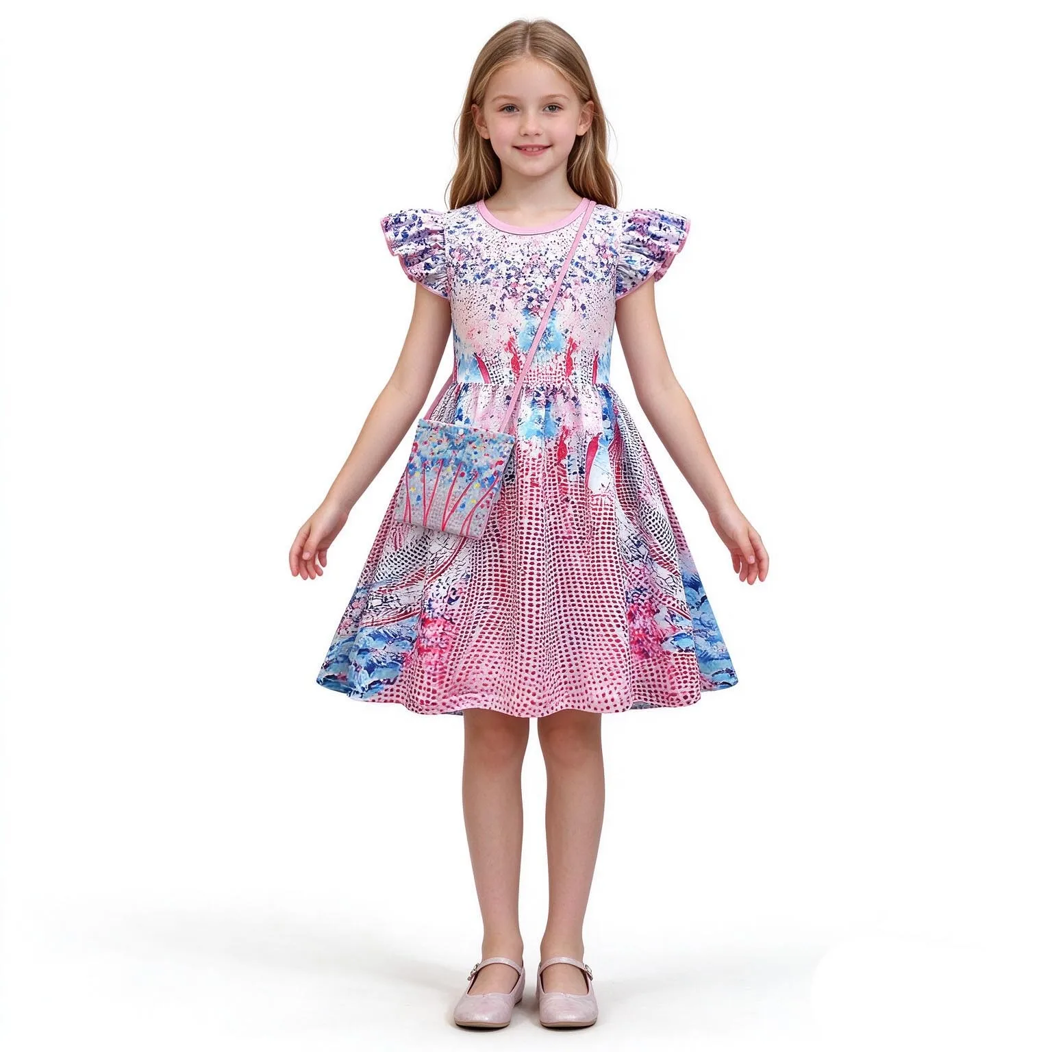 Girls Concert Themed Dress Colorful Printed Flutter Sleeve Dress with Bag Fan Party Outfit Music Show Party Fancy Costume Dress