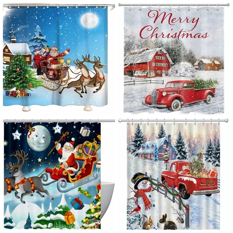 Christmas Shower Curtain By Ho Me Lili Santa Reindeer Xmas For Bathroom With Hooks Sleigh Cabin Winter Holiday