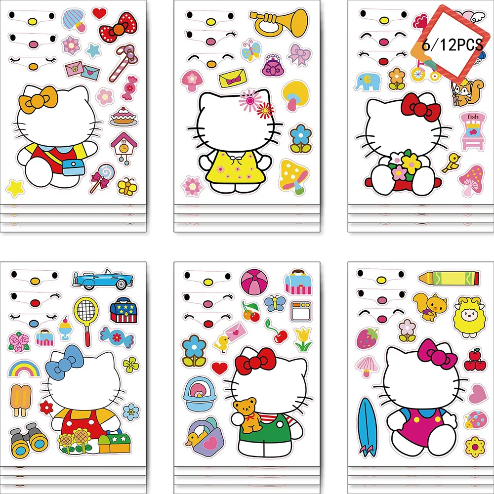 

6/12Sheets Cute Anime Hello Kitty Puzzle Stickers DIY Make-a-Face Assemble Funny Cartoon Decal Assemble Jigsaw Girl Toy Kid Gift