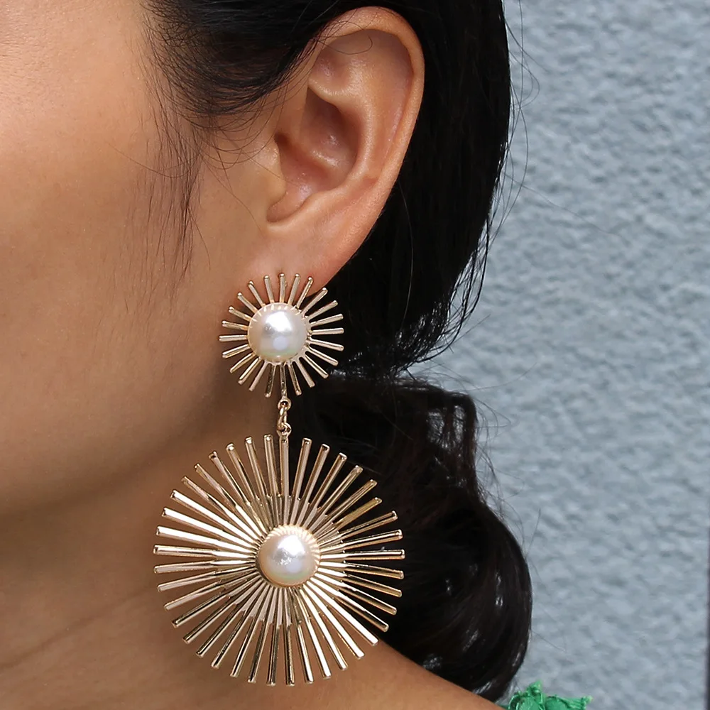 2024 Exaggerated Long Drop Earrings for Women Big Pearl Round Dangle Earrings Wild Sun Earings Brincos Female Fashion Jewelry