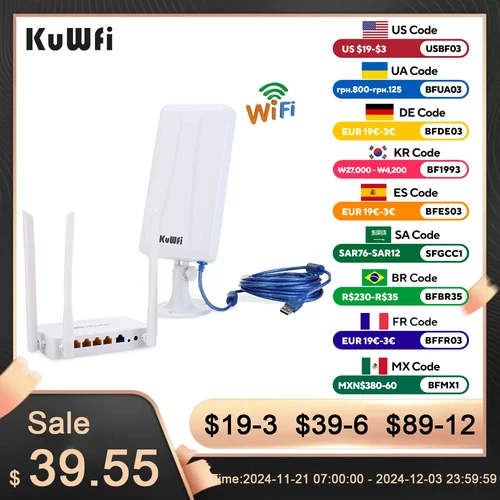 KuWFi 300mbps 무선 라우터 및 고이득 와이파이 USB 어댑터, 와이파이 신호 확장, 고전력 리시버 공유, 32 명의 사용자 PC용 