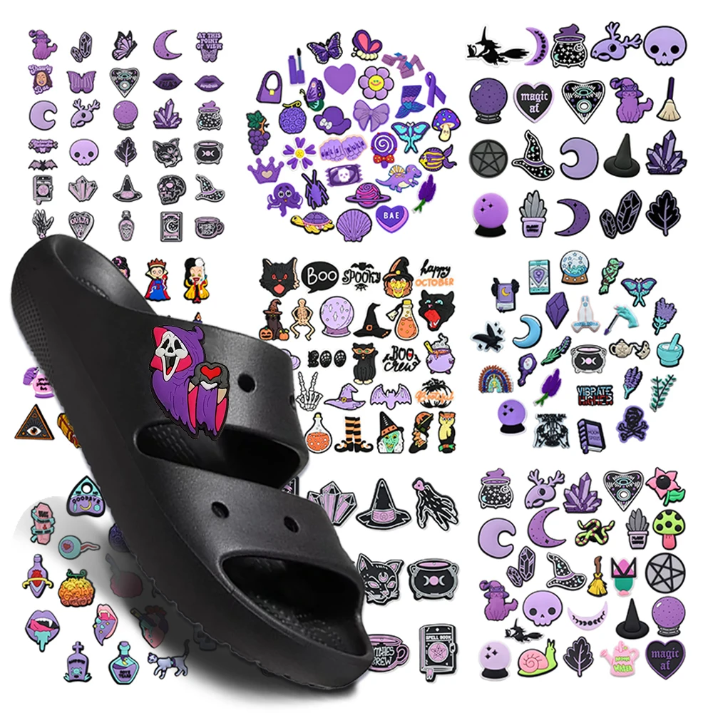

Halloween Purple Magic Shoe Charms 6-200pcs pvc Garden Shoe Accessories Buckle Fit Clogs Decaration Sandals Decorate Xmas Gift