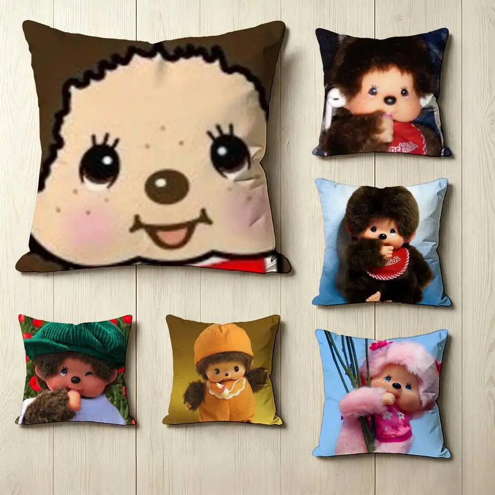 

Cute doll M-Monchhichi Pillow Case Square Double-Sided Sofa Cushion Cover Bedroom Bedside Pillow