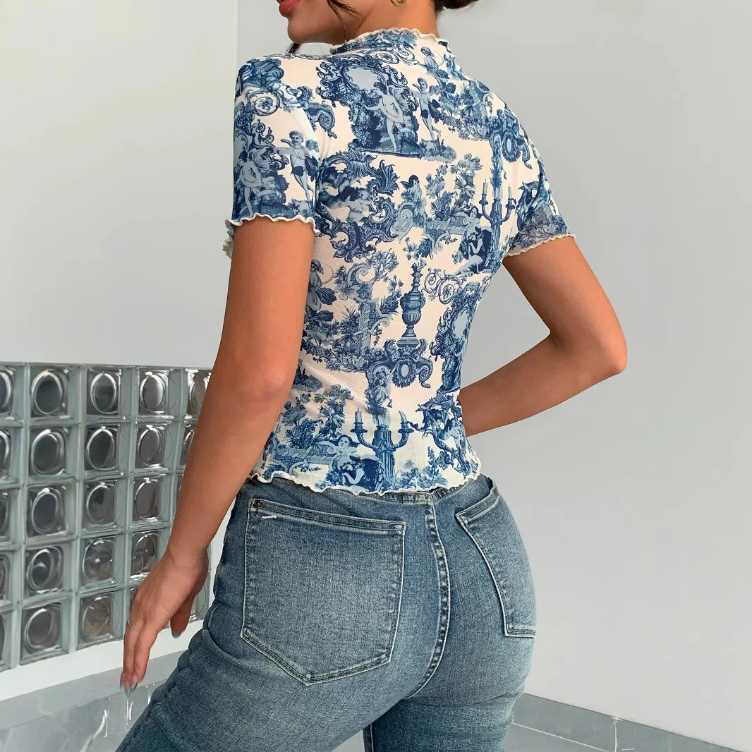 Women's Fashion Elegant Blue and White Porcelain Print Ruffled Mock Neck Slimming Daily Commute Comfort Casual Versatile T-shirt