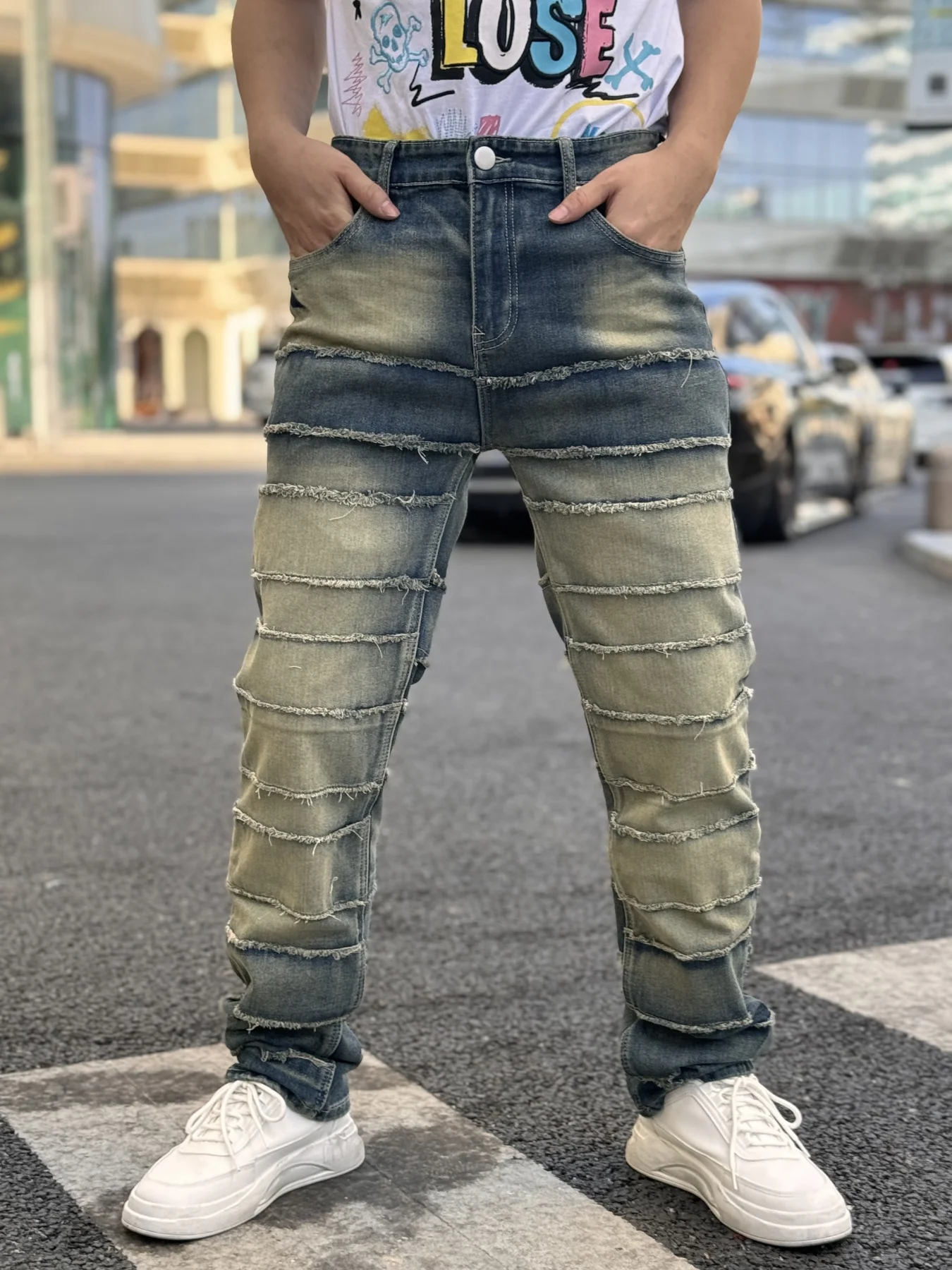 

Y2K Trendy Men's Jeans With Unique Design Classic Washed Out Effect Frayed Edges And Patched Fabric Leading The Fashion Trend