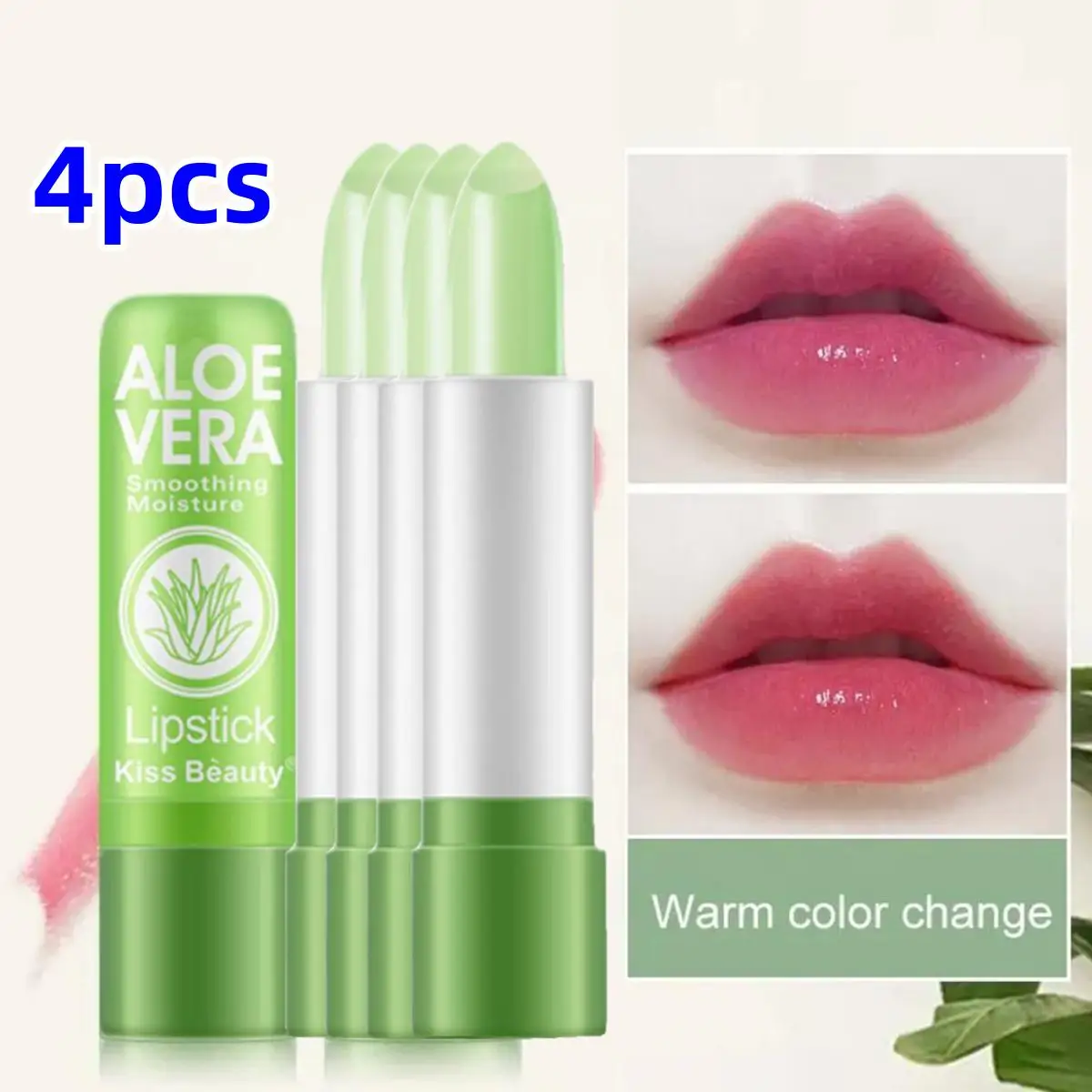 4pcs Aloe Vera Moisturizing Lipstick Temperature Change Color Lasting Nourishing Remove Dead Skin Fade Lips Fine Lines Lip Balm