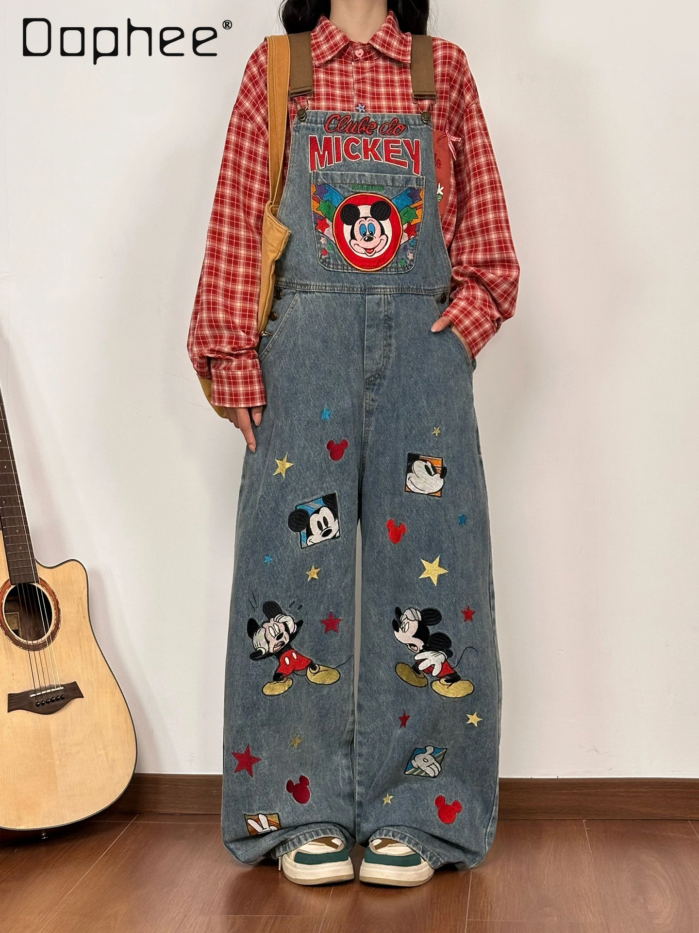 

Американский ретро мультфильм тяжелая вышивка джинсовые комбинезоны для женщин свободный модный стираный хлопковый комбинезон длинные брюки 2025 новинка