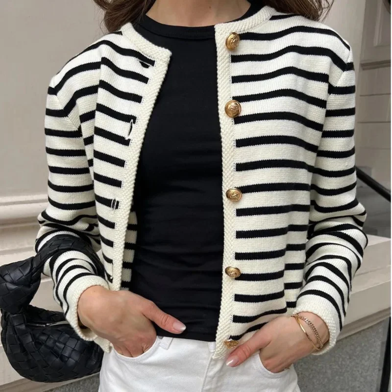 Women Autumn Striped Knitted Sweaters O Neck Stripe Knitted Cardigan Fashion Long Sleeve Casual Short Top New 2024 Knitwear Coat