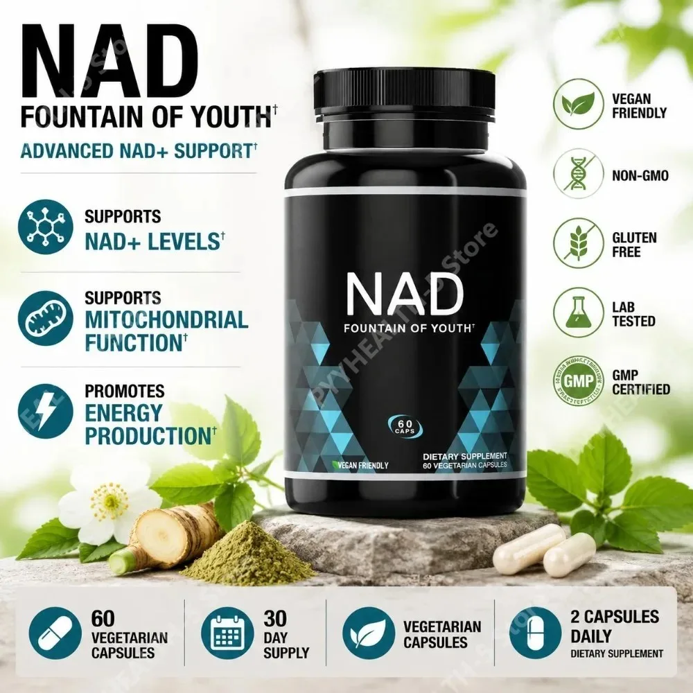 NAD+ Capsules with NAD Formula, Niacin and Copper, Vegan Daily Support for NAD+ Levels and Mitochondrial Function, 60 Capsules