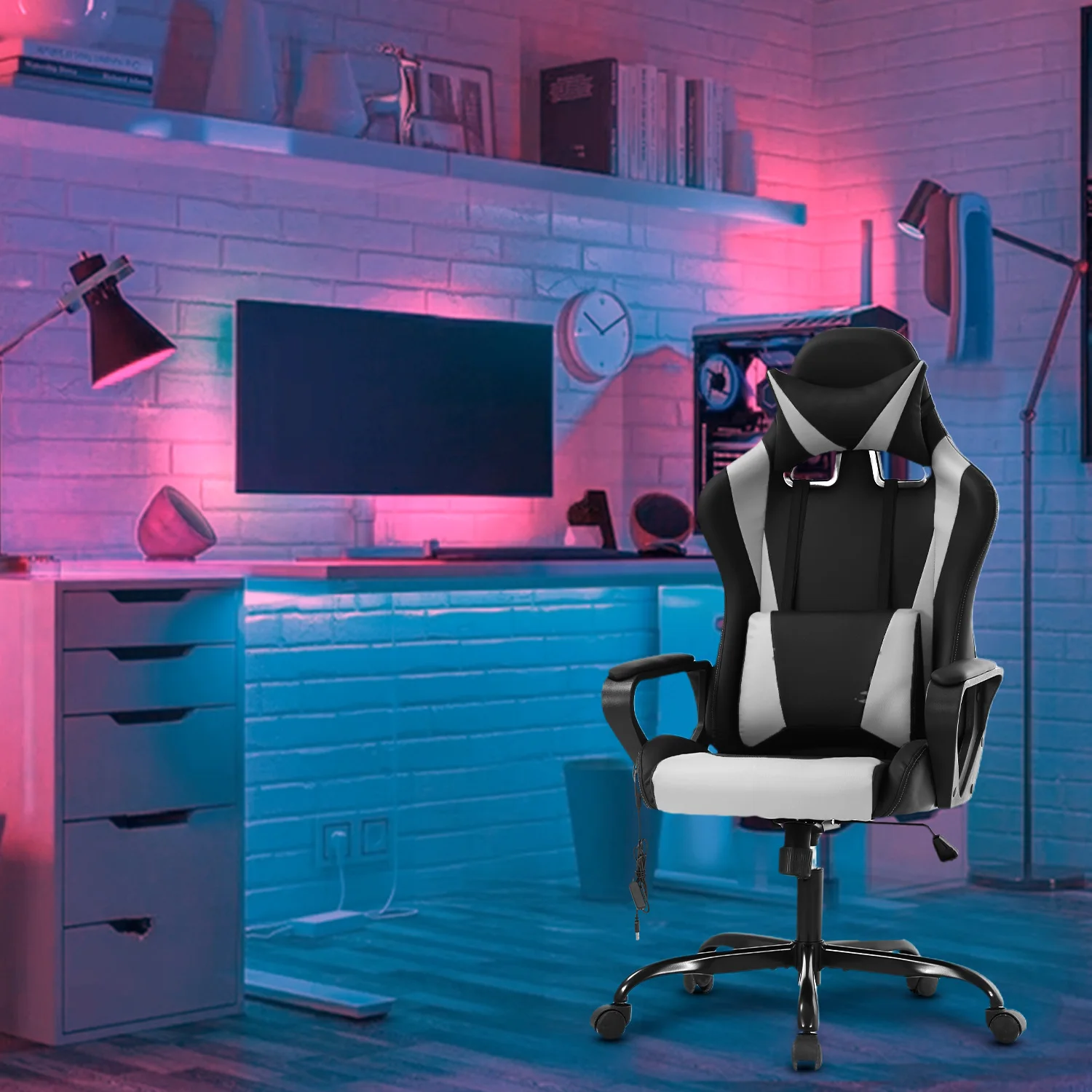 

Игровое кресло с высокой спинкой, электрическое массажное кресло из искусственной кожи с поясничной опорой, подлокотниками, подголовником, поворотом, регулируемым