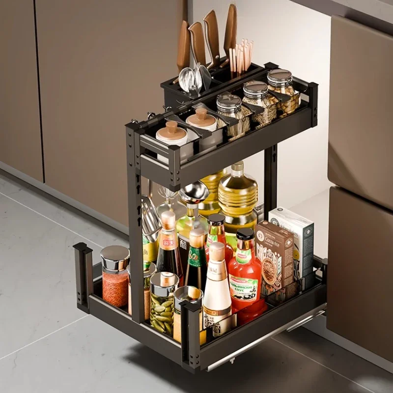 Seasoning basket kitchen cabinet drawer type condiment storage aluminum alloy seasoning rack floor cabinet knife holder basket