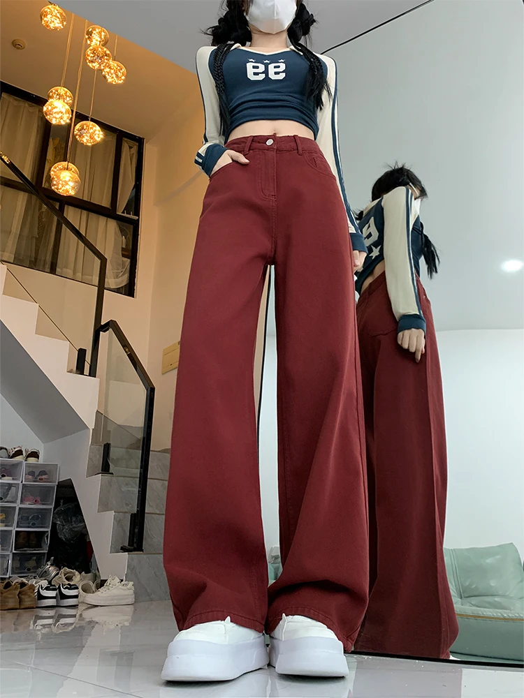 

Джинсы женские с высокой талией, широкие, свободного кроя, длиной в пол, прямого кроя, осенне-зимние, больших размеров, утягивающие, красные