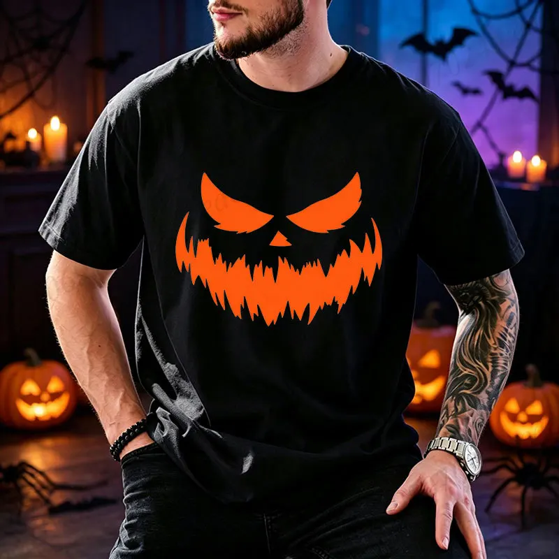 Halloween-T-Shirt mit gruseligem Kürbisgesicht, minimalistisches Design, Oversize-Schnitt, lässiges T-Shirt, für Herren, Unisex, Halloween-Party-Kostüm, Oberteil. – Detail 2